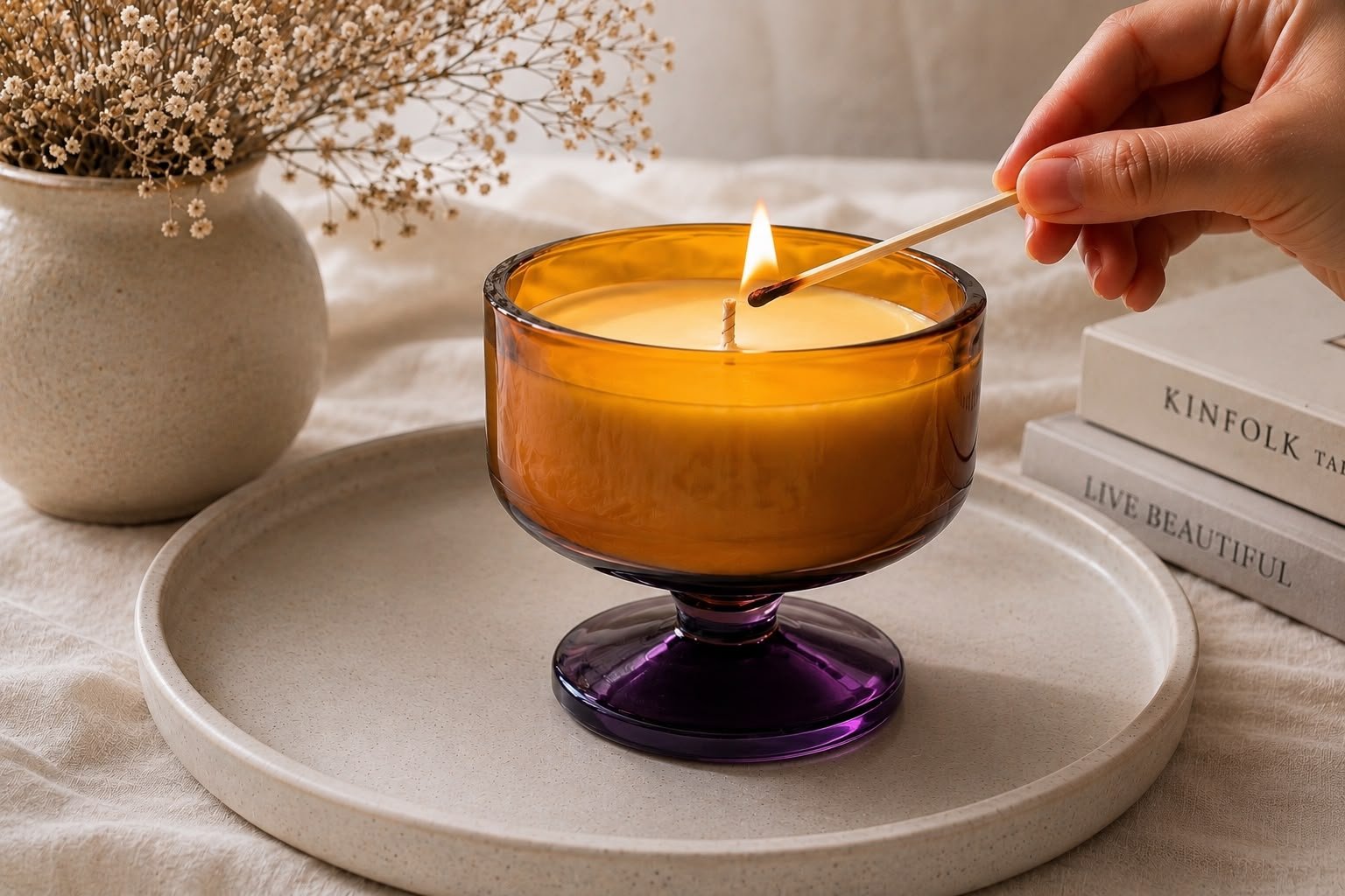 Amber Glass Candle on Purple Pedestal